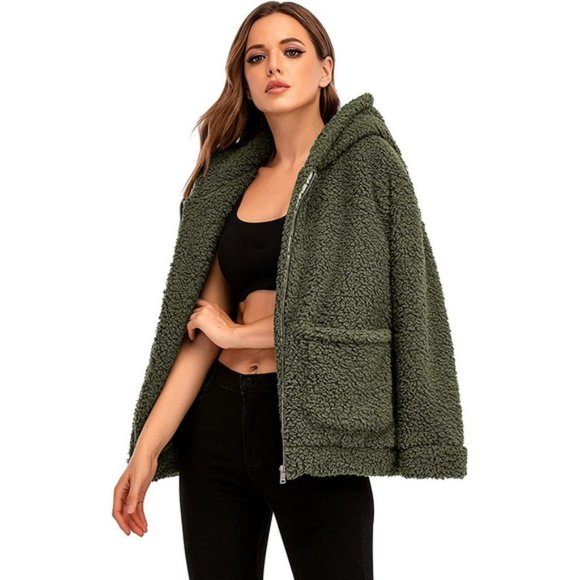 WOMENS Fleece Fuzzy Faux Hooded Warm Winter Oversized Jackets, Army Green